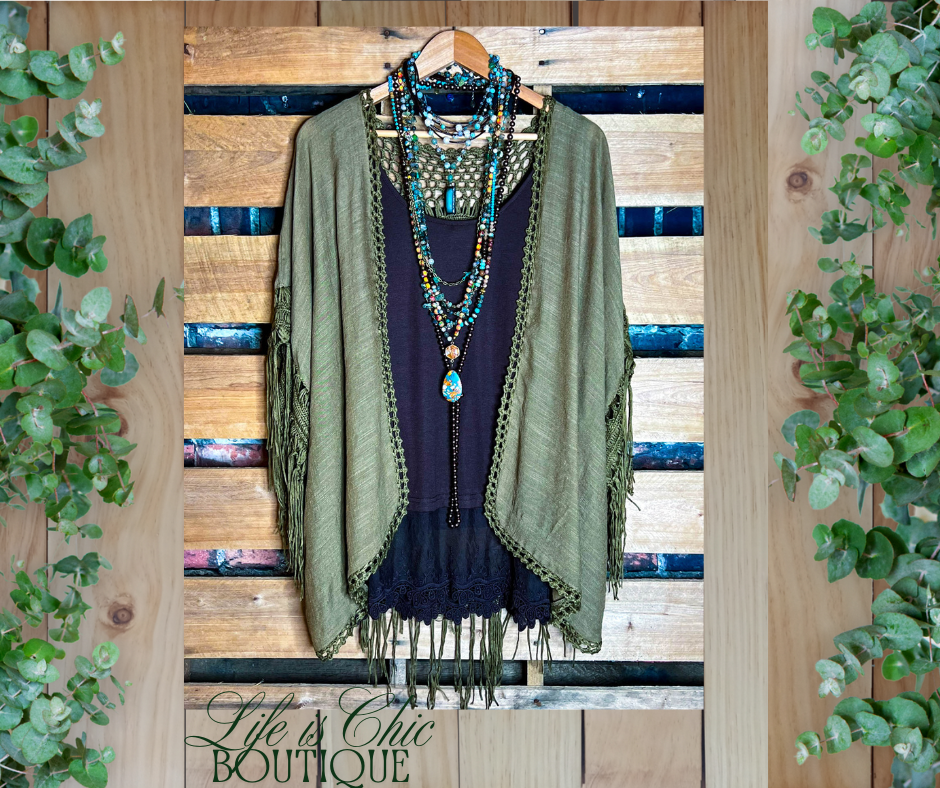 LIVING FREE BOHO CROCHET FRINGE KIMONO IN OLIVE