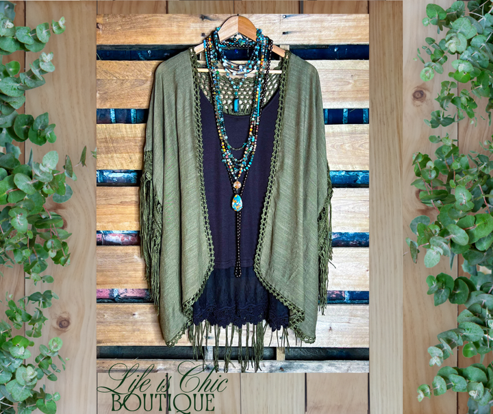 LIVING FREE BOHO CROCHET FRINGE KIMONO IN OLIVE
