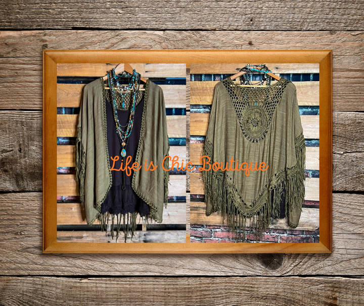 LIVING FREE BOHO CROCHET FRINGE KIMONO IN OLIVE