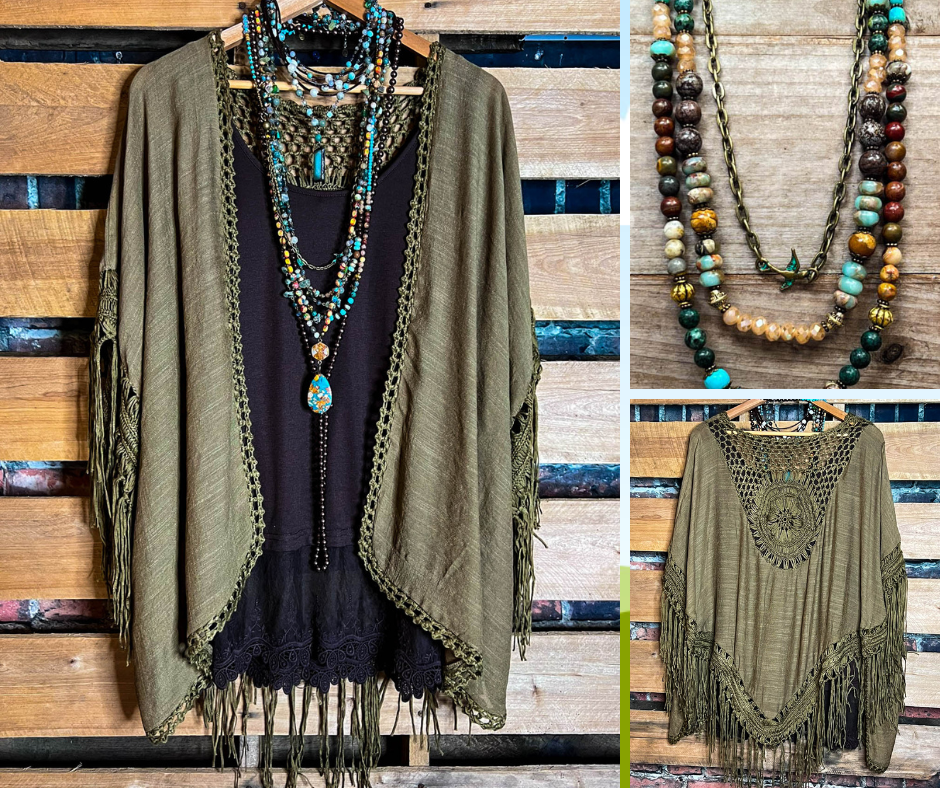 LIVING FREE BOHO CROCHET FRINGE KIMONO IN OLIVE