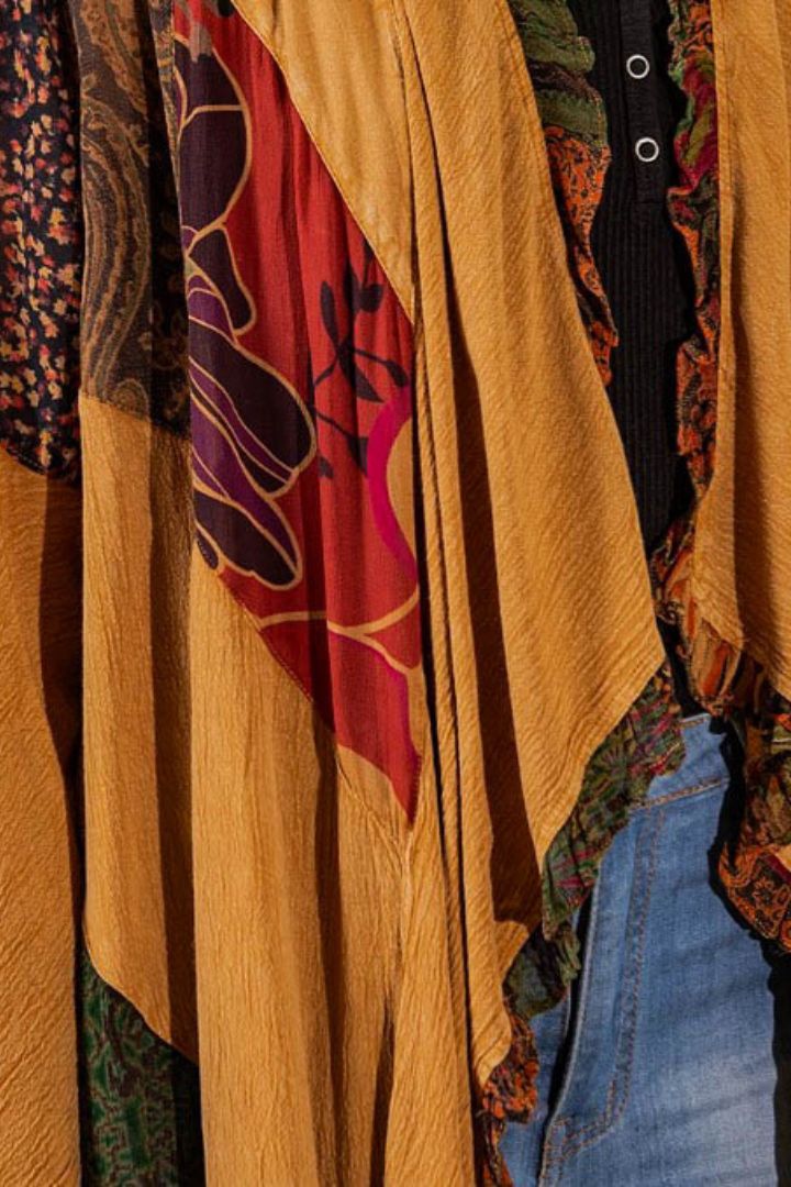 MAGIC OF NEW BEGINNINGS PEASANT KIMONO IN CAMEL & MULTI-COLOR