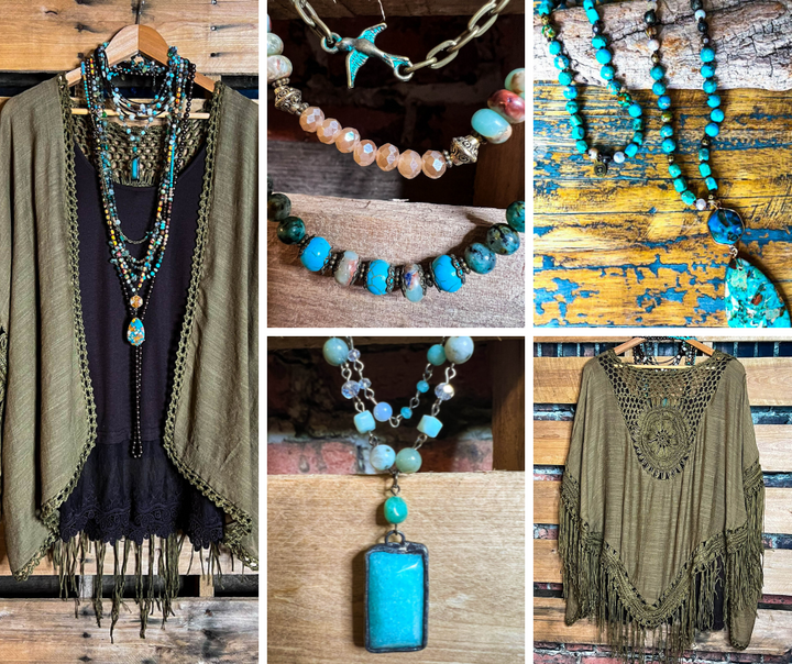 LIVING FREE BOHO CROCHET FRINGE KIMONO IN OLIVE