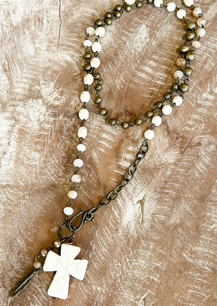 Mystique Joy Natural Stone Beaded Cross Necklace In Ivory