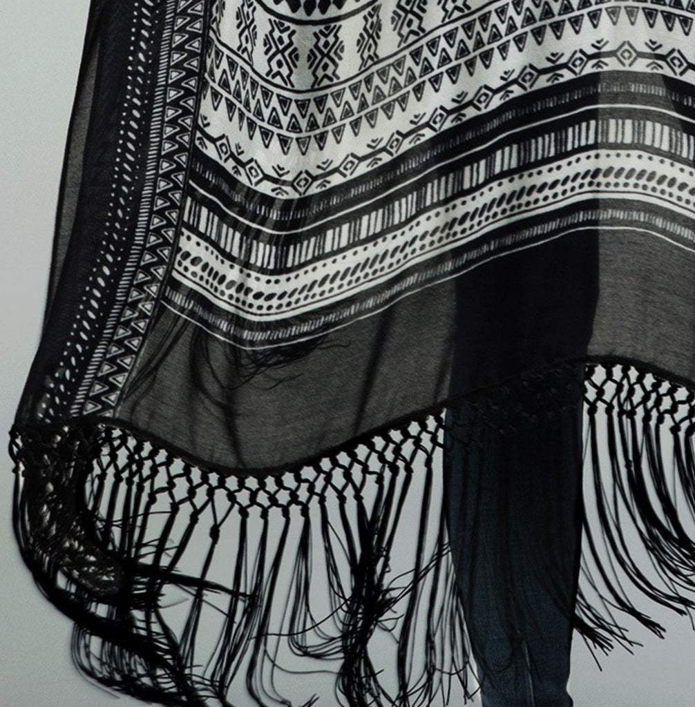 NOMAD SOUL BOHEMIAN FRINGE KIMONO IN BLACK MIX