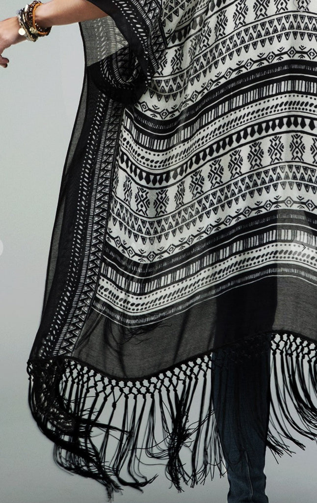 NOMAD SOUL BOHEMIAN FRINGE KIMONO IN BLACK MIX