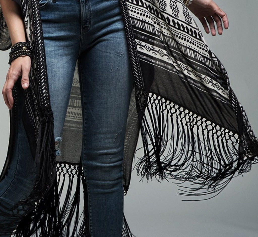 NOMAD SOUL BOHEMIAN FRINGE KIMONO IN BLACK MIX