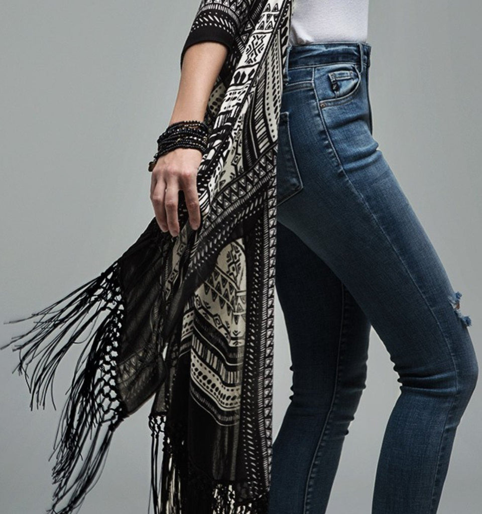 NOMAD SOUL BOHEMIAN FRINGE KIMONO IN BLACK MIX