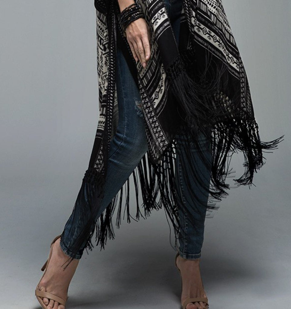 NOMAD SOUL BOHEMIAN FRINGE KIMONO IN BLACK MIX