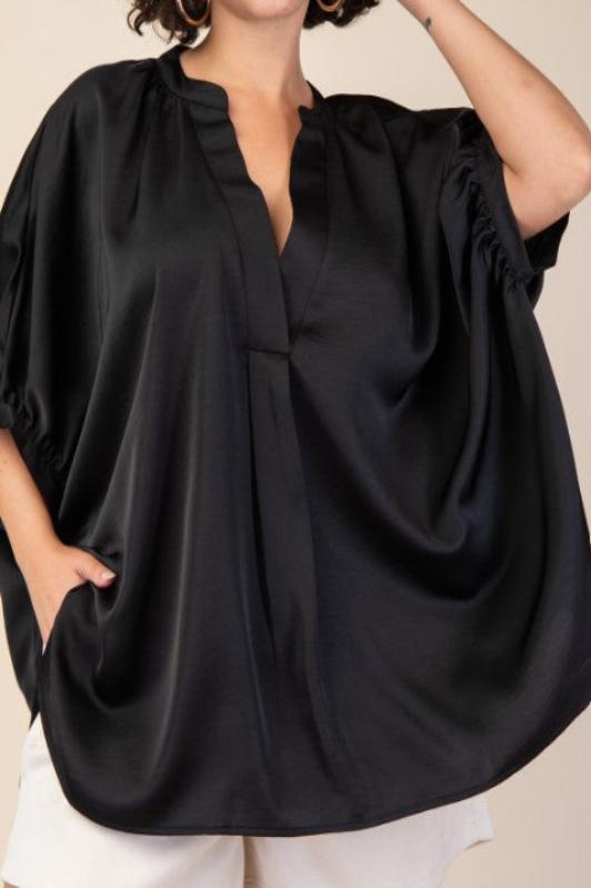 GLAMOROUS BLACK SATIN COMFY OVERSIZED 2X-3X-4X TUNIC