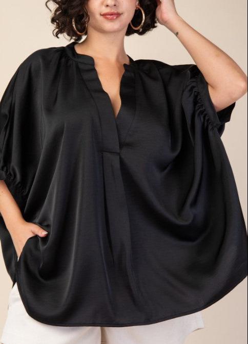 GLAMOROUS BLACK SATIN COMFY OVERSIZED 2X-3X-4X TUNIC