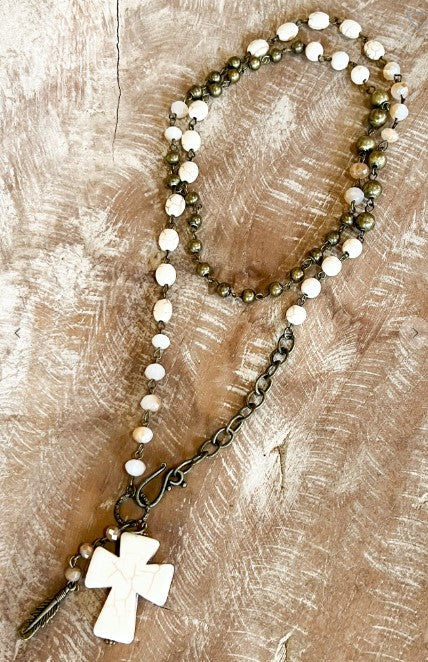 Mystique Joy Natural Stone Beaded Cross Necklace In Ivory