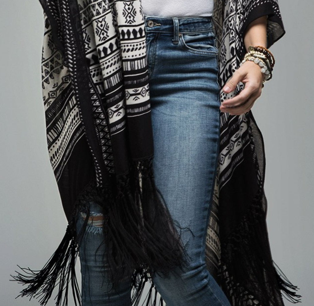 NOMAD SOUL BOHEMIAN FRINGE KIMONO IN BLACK MIX