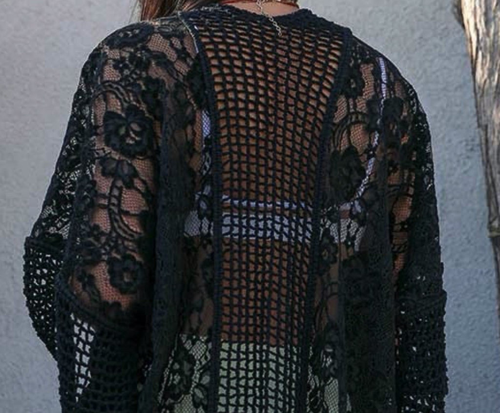 THE SOUNDS OF LOVE CROCHET LACE KIMONO BLACK