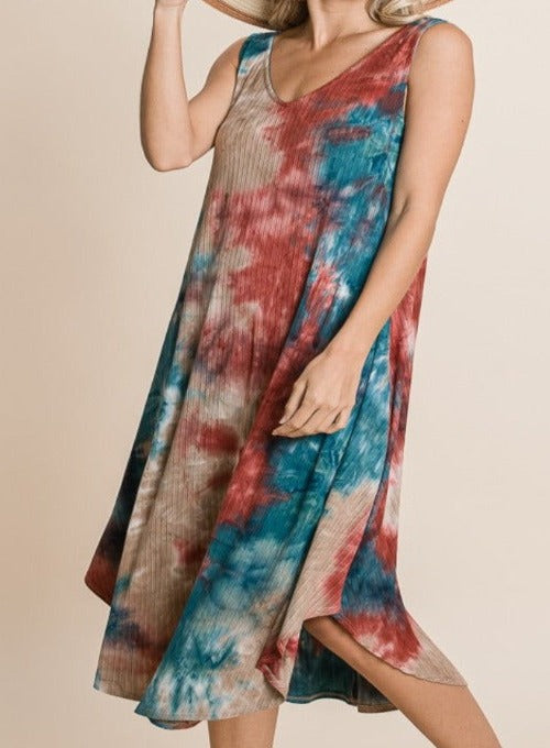 EASY BREEZY TEAL & RUST TIE DYE MIDI DRESS