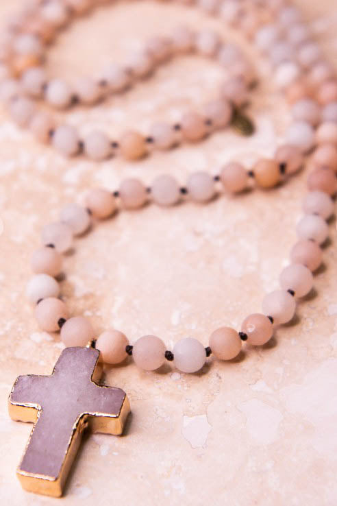 Blush Tones Cross Necklace Natural Stone