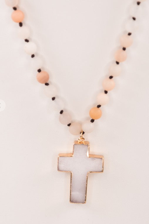 Blush Tones Cross Necklace Natural Stone