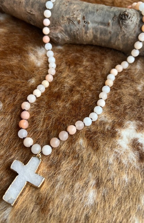 Blush Tones Cross Necklace Natural Stone