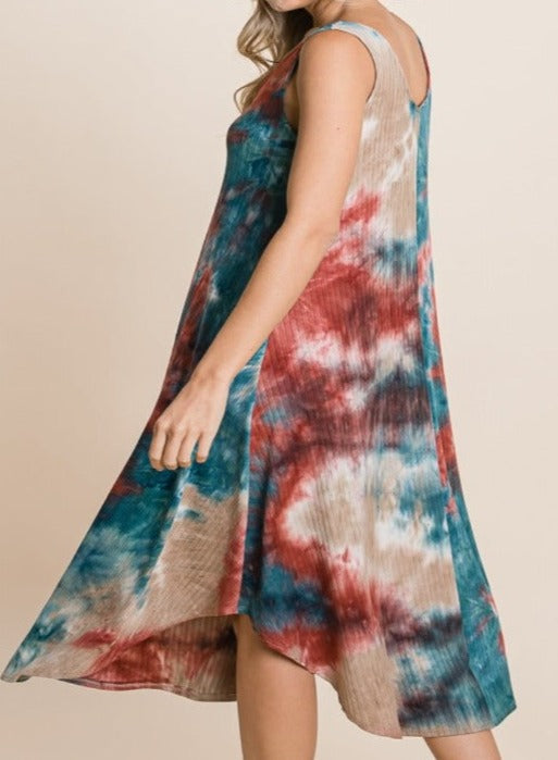 EASY BREEZY TEAL & RUST TIE DYE MIDI DRESS