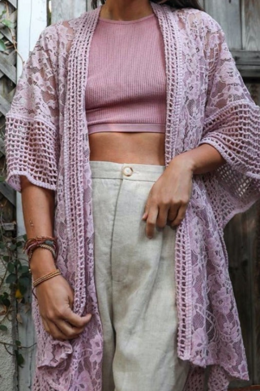 THE SOUNDS OF LOVE CROCHET LACE KIMONO VINTAGE PINK
