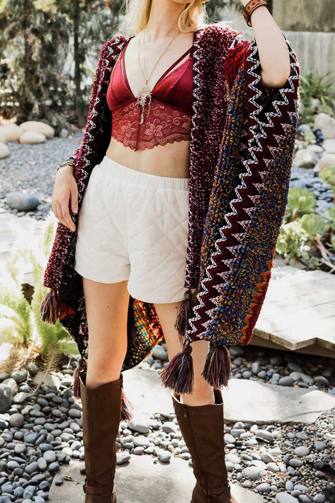 Authentic Beauty Bohemian Crochet Kimono in Maroon & Multi