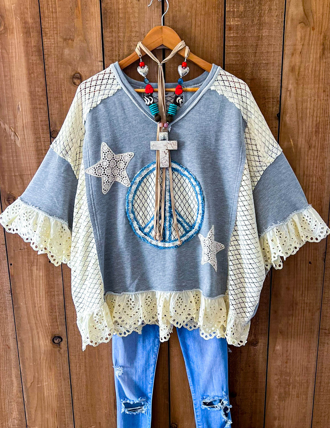 Beauty & Peace Fabulous Embellished Blue & Ivory Poncho Tunic