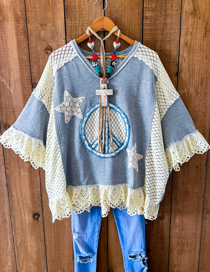 Beauty & Peace Fabulous Embellished Blue & Ivory Poncho Tunic