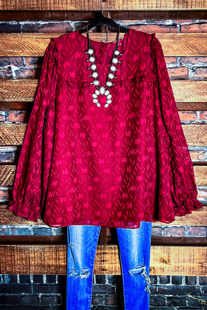 BLISSFUL GRACE EMBELLISHED WINE BLOUSE