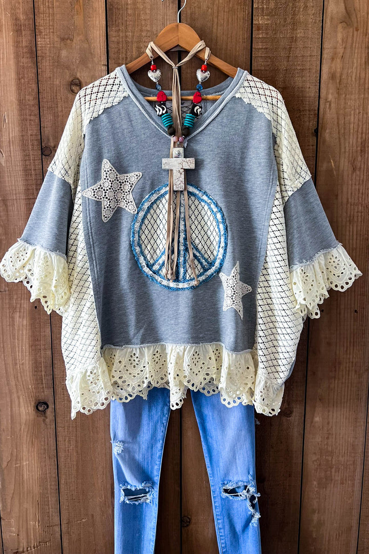 Beauty & Peace Fabulous Embellished Blue & Ivory Poncho Tunic