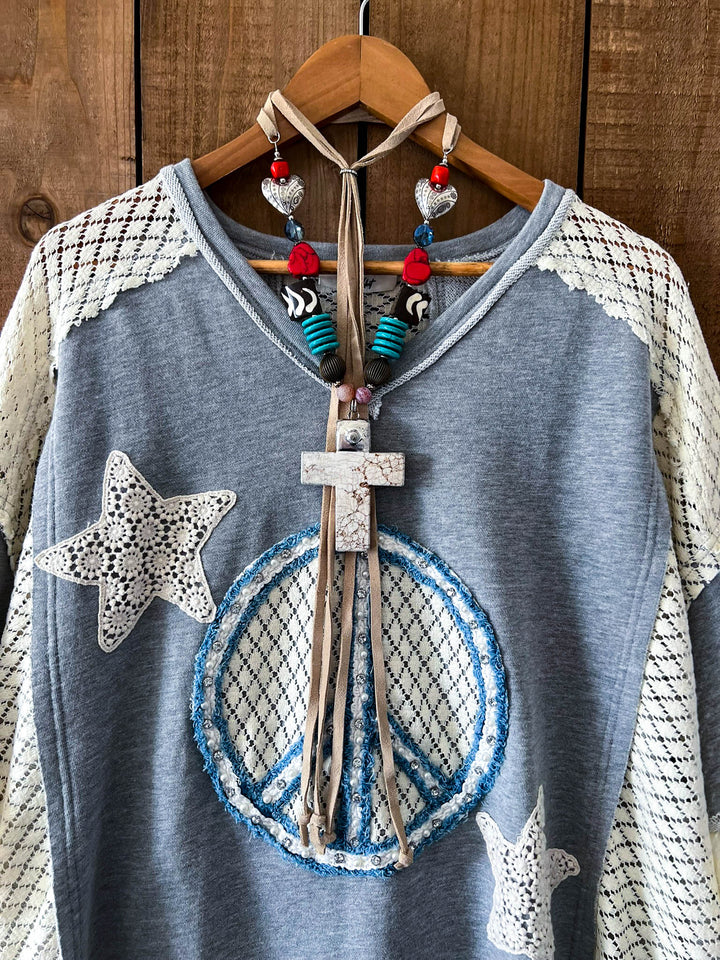Beauty & Peace Fabulous Embellished Blue & Ivory Poncho Tunic
