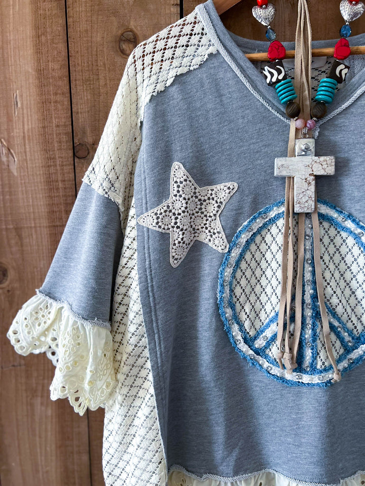 Beauty & Peace Fabulous Embellished Blue & Ivory Poncho Tunic