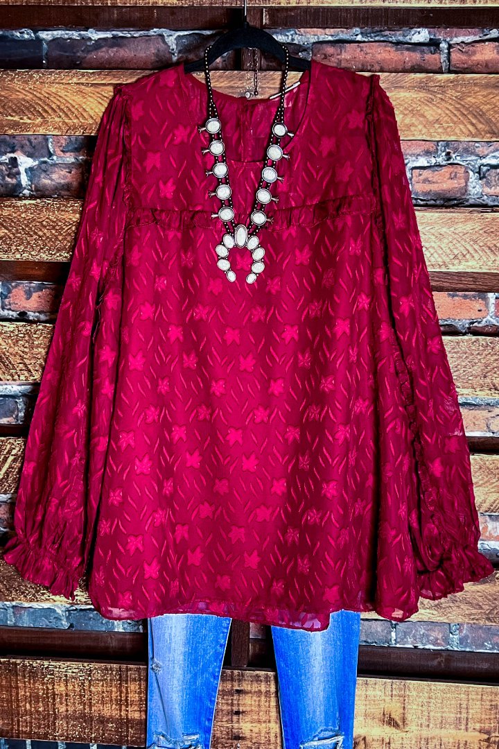 BLISSFUL GRACE EMBELLISHED WINE BLOUSE