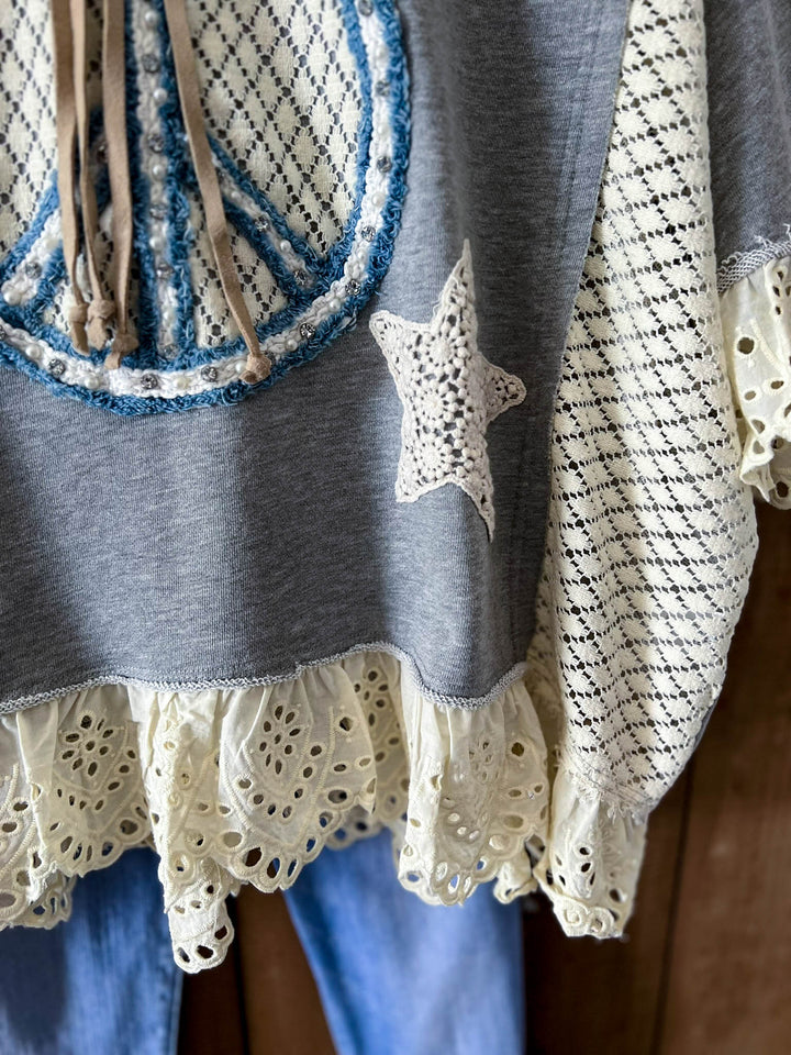 Beauty & Peace Fabulous Embellished Blue & Ivory Poncho Tunic
