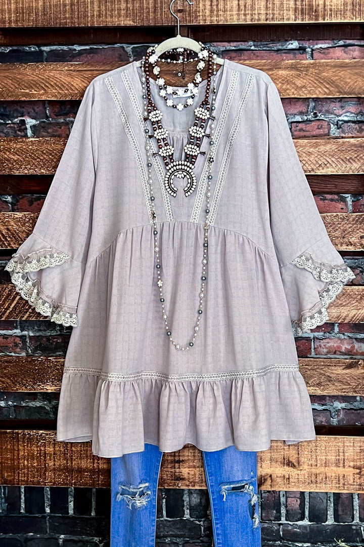 ALL THE PRETTY THINGS TAUPE LACE TRIM DRESS TUNIC