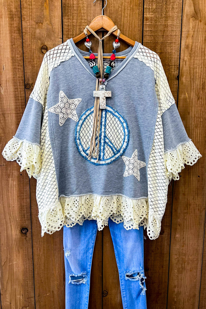 Beauty & Peace Fabulous Embellished Blue & Ivory Poncho Tunic