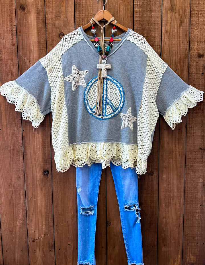Beauty & Peace Fabulous Embellished Blue & Ivory Poncho Tunic