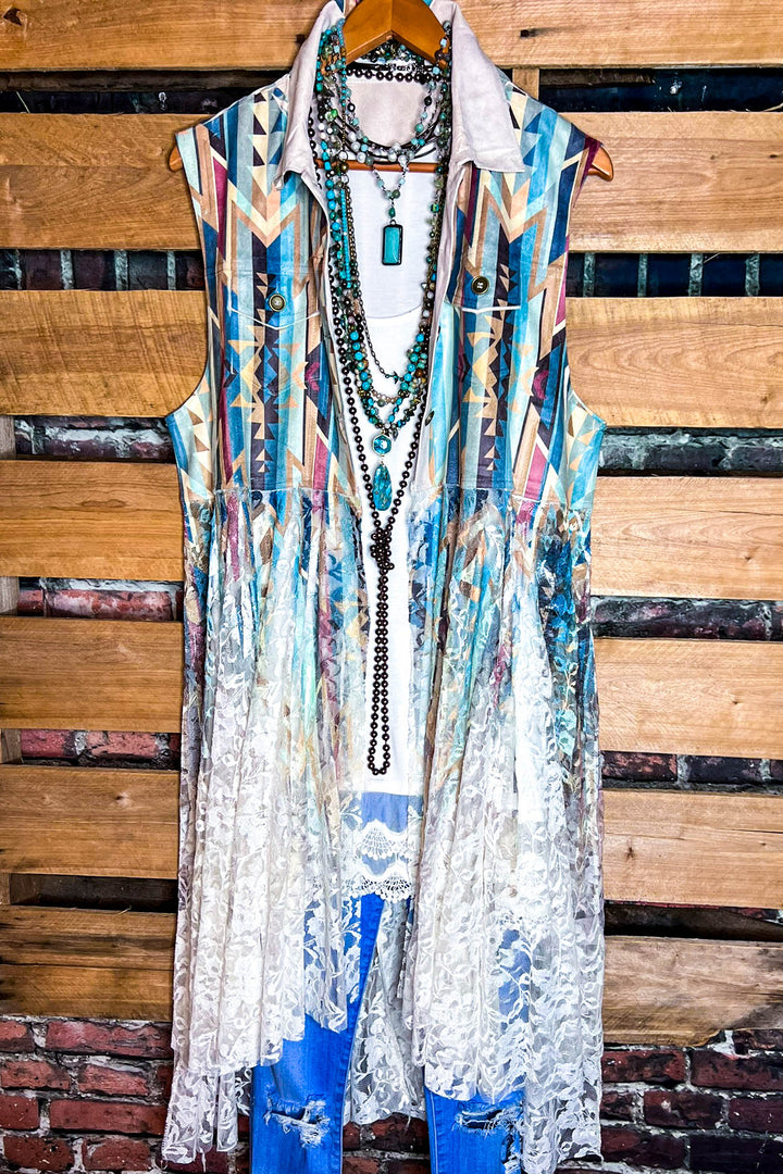 For Your Heart Only Fab Teal Lace and Suede Vest