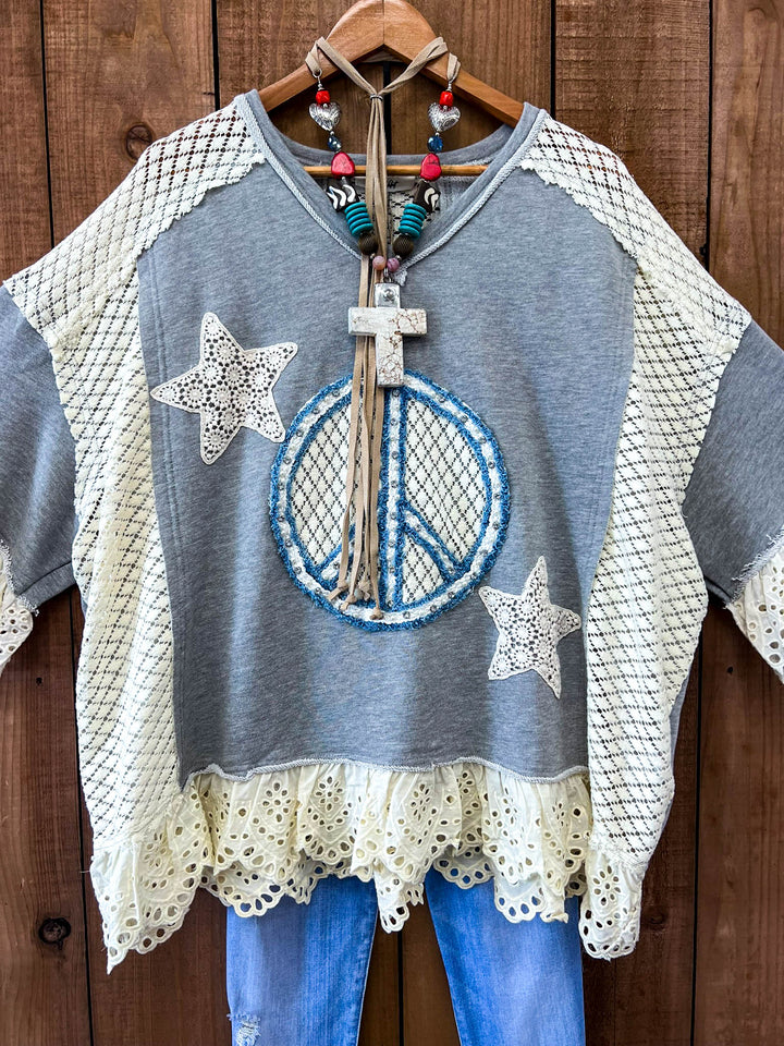 Beauty & Peace Fabulous Embellished Blue & Ivory Poncho Tunic