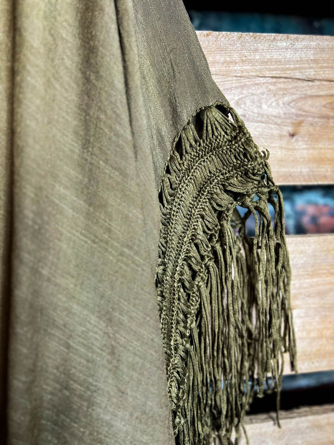 LIVING FREE BOHO CROCHET FRINGE KIMONO IN OLIVE