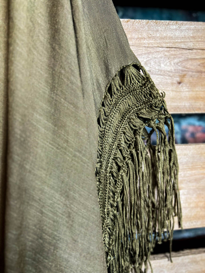 LIVING FREE BOHO CROCHET FRINGE KIMONO IN OLIVE
