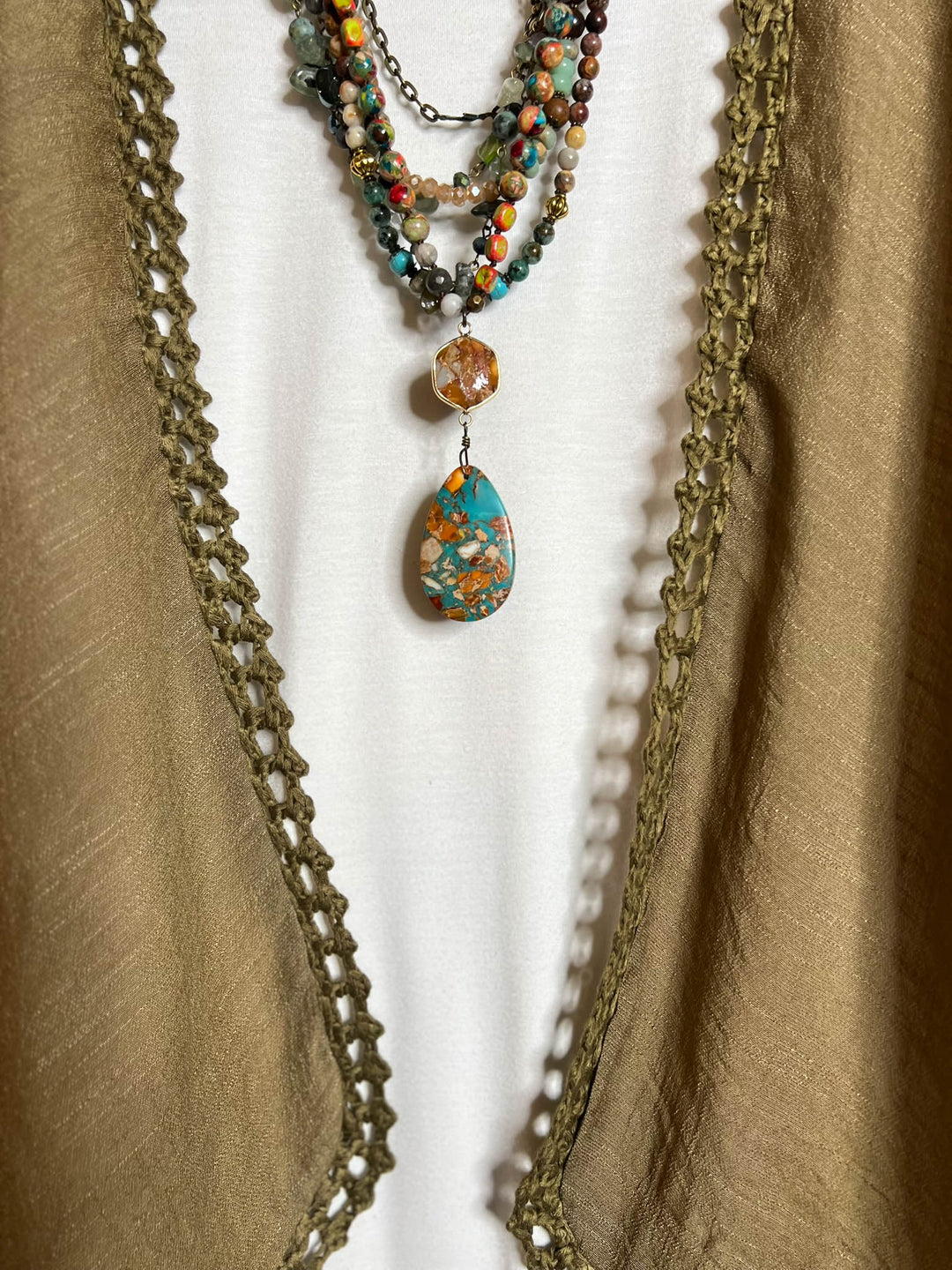 LIVING FREE BOHO CROCHET FRINGE KIMONO IN OLIVE