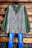JUST THE TWO OF US ANIMAL PRINT FAB TUNIC IN OLIVE & MULTI-COLOR