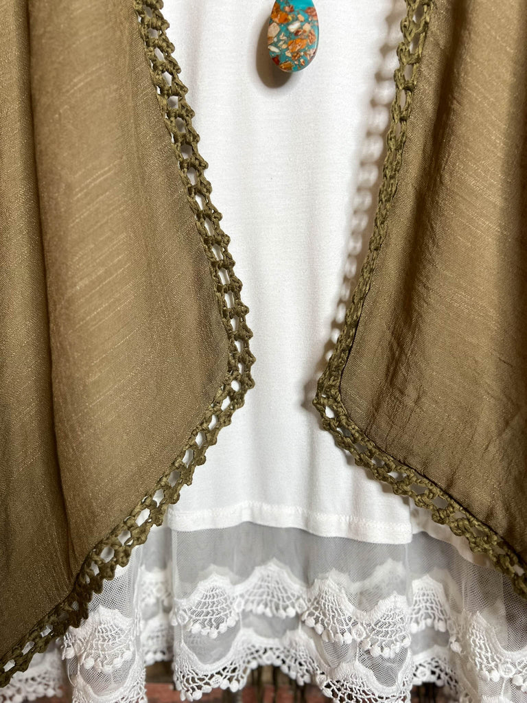 LIVING FREE BOHO CROCHET FRINGE KIMONO IN OLIVE
