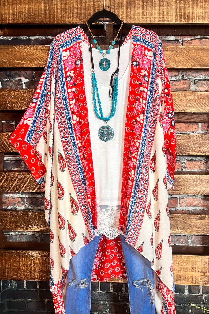ENJOYING THIS MOMENT BALI GAUZE KIMONO IN RED & MULTI