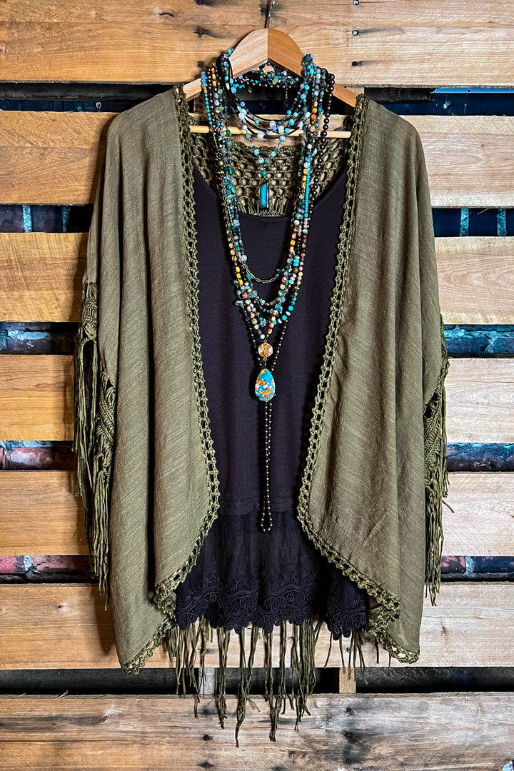 LIVING FREE BOHO CROCHET FRINGE KIMONO IN OLIVE