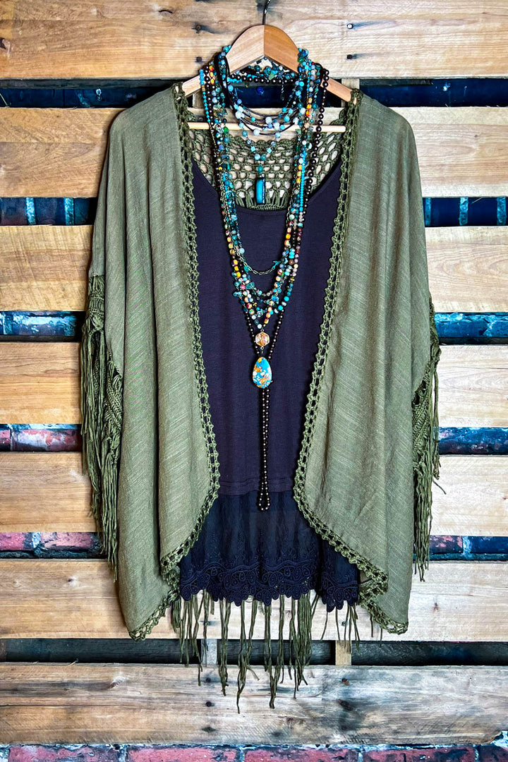 LIVING FREE BOHO CROCHET FRINGE KIMONO IN OLIVE
