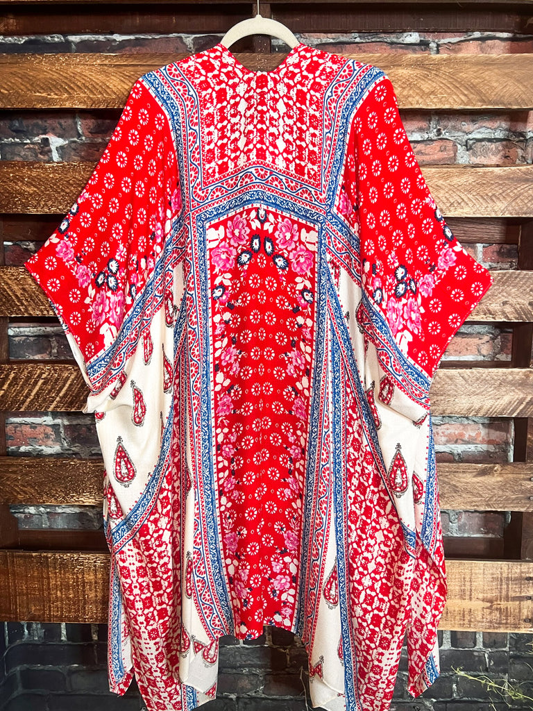 ENJOYING THIS MOMENT BALI GAUZE KIMONO IN RED & MULTI