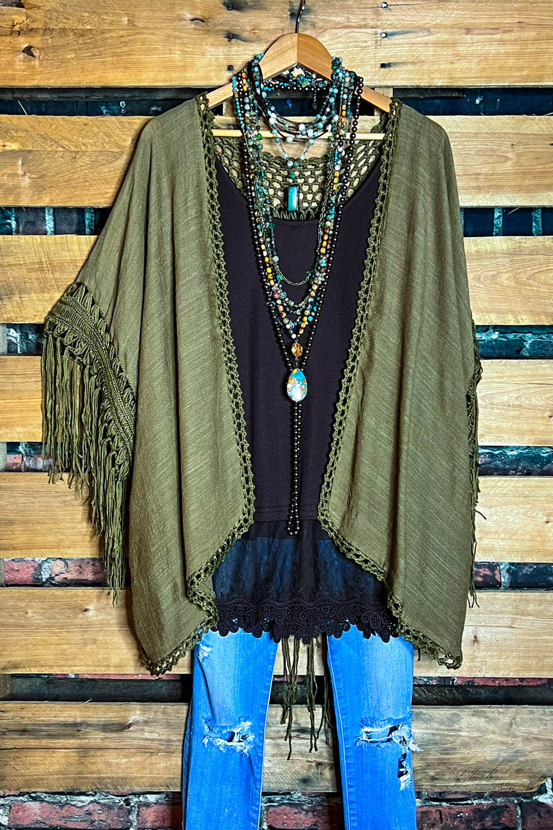 LIVING FREE BOHO CROCHET FRINGE KIMONO IN OLIVE