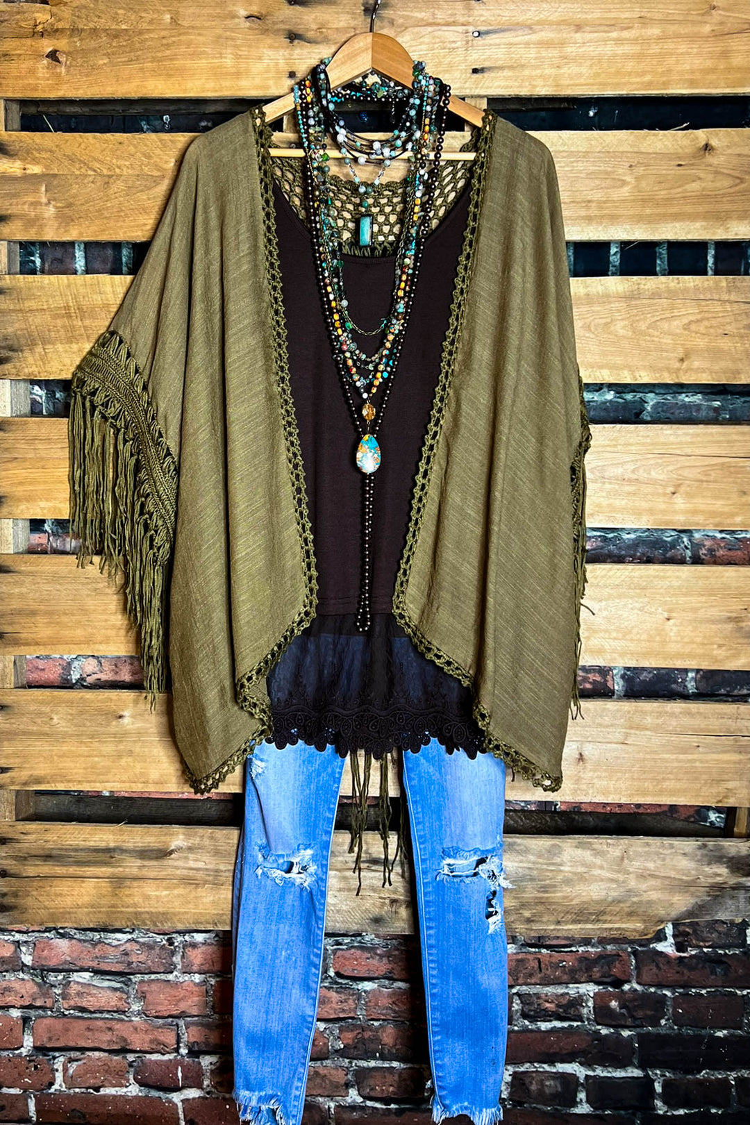 LIVING FREE BOHO CROCHET FRINGE KIMONO IN OLIVE