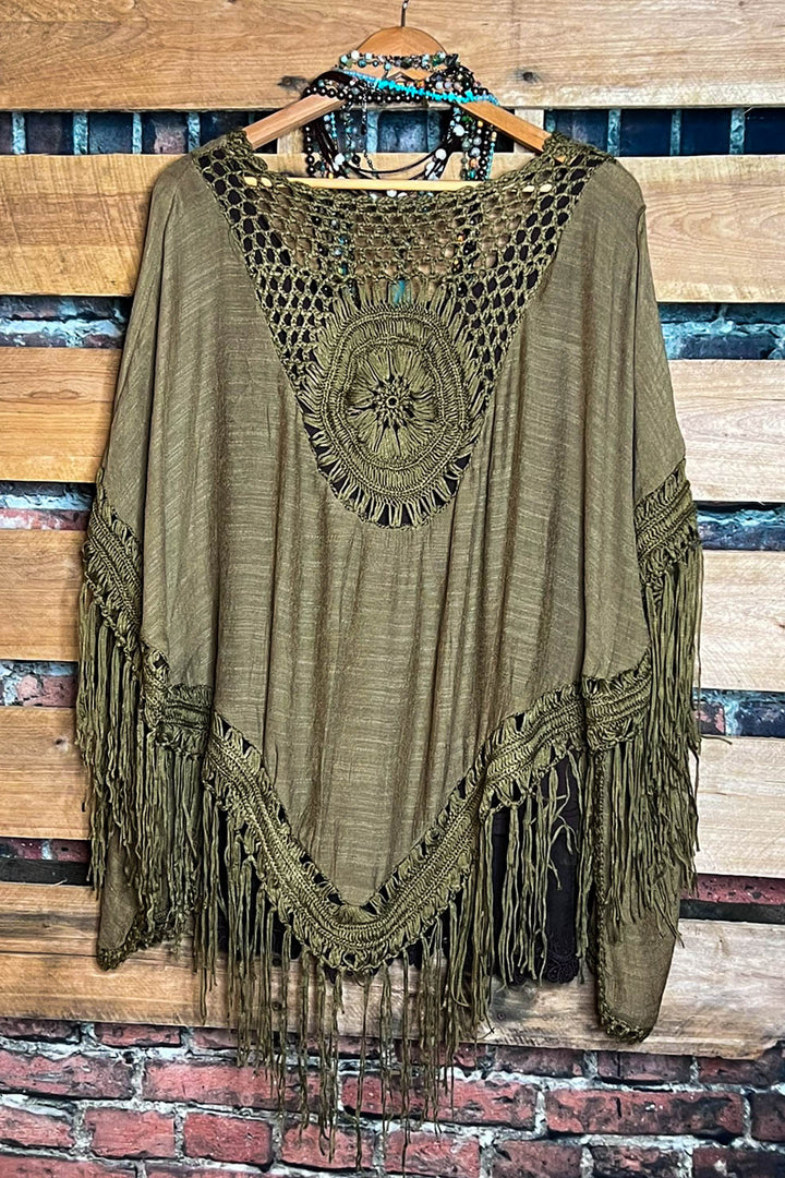 LIVING FREE BOHO CROCHET FRINGE KIMONO IN OLIVE