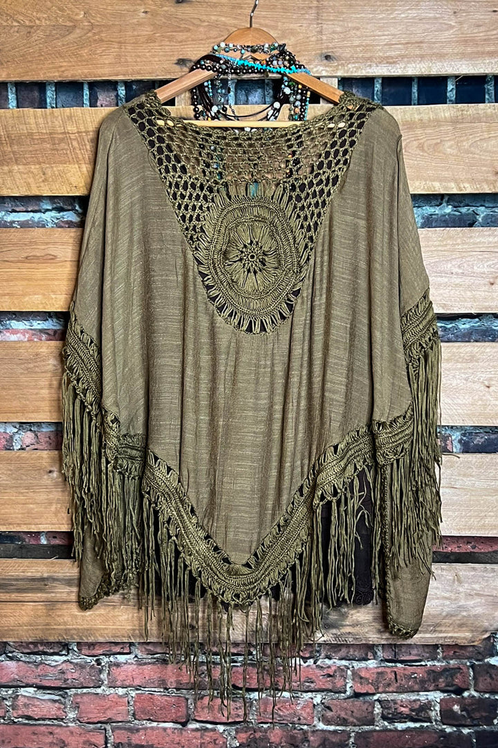 LIVING FREE BOHO CROCHET FRINGE KIMONO IN OLIVE